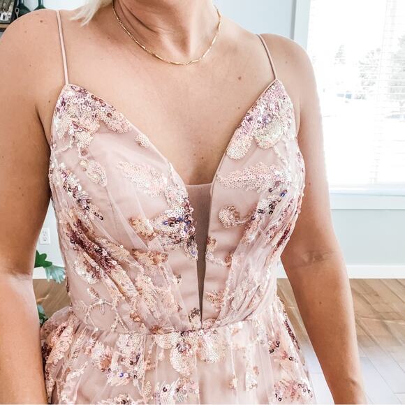 Cinderella Divine | Dusty Rose Pink Sleeveless Deep-V Formal Sequin Sparkle Gown - Picture 6 of 11